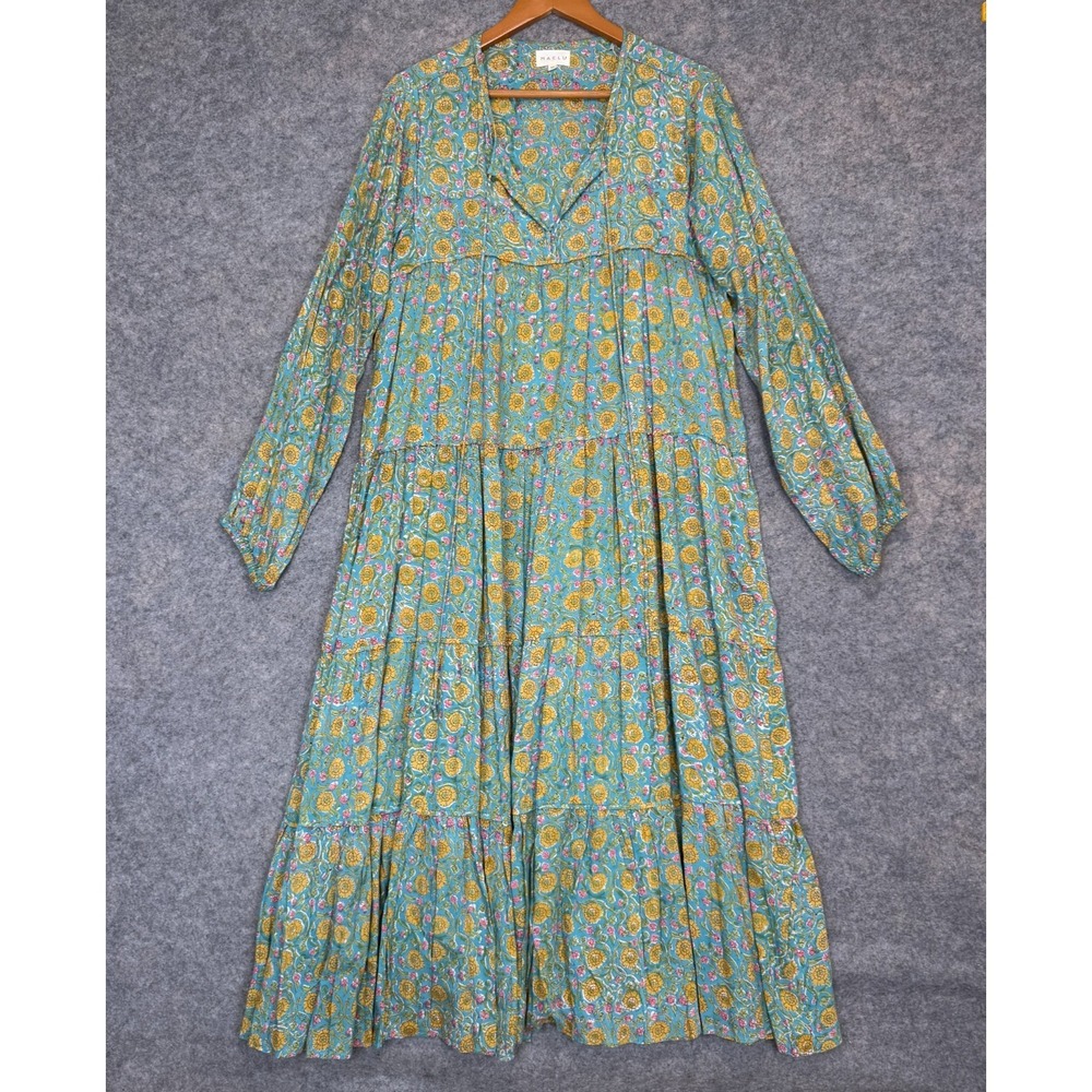 Maelu Designs Willow Dress Womens Medium Floral Tiered Green Yellow Cottage